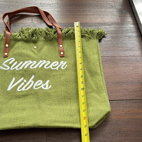 Green Fringed Tote Bag with Brown Handles - Picture 3 of 6